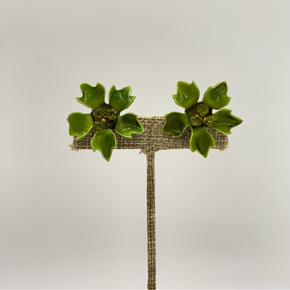 Vintage Green Floral Clip On Earrings